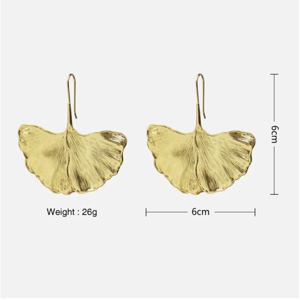 Ginkgo Chunky Gold Leaf Dangle Pin Earrings - Picture 2 of 5